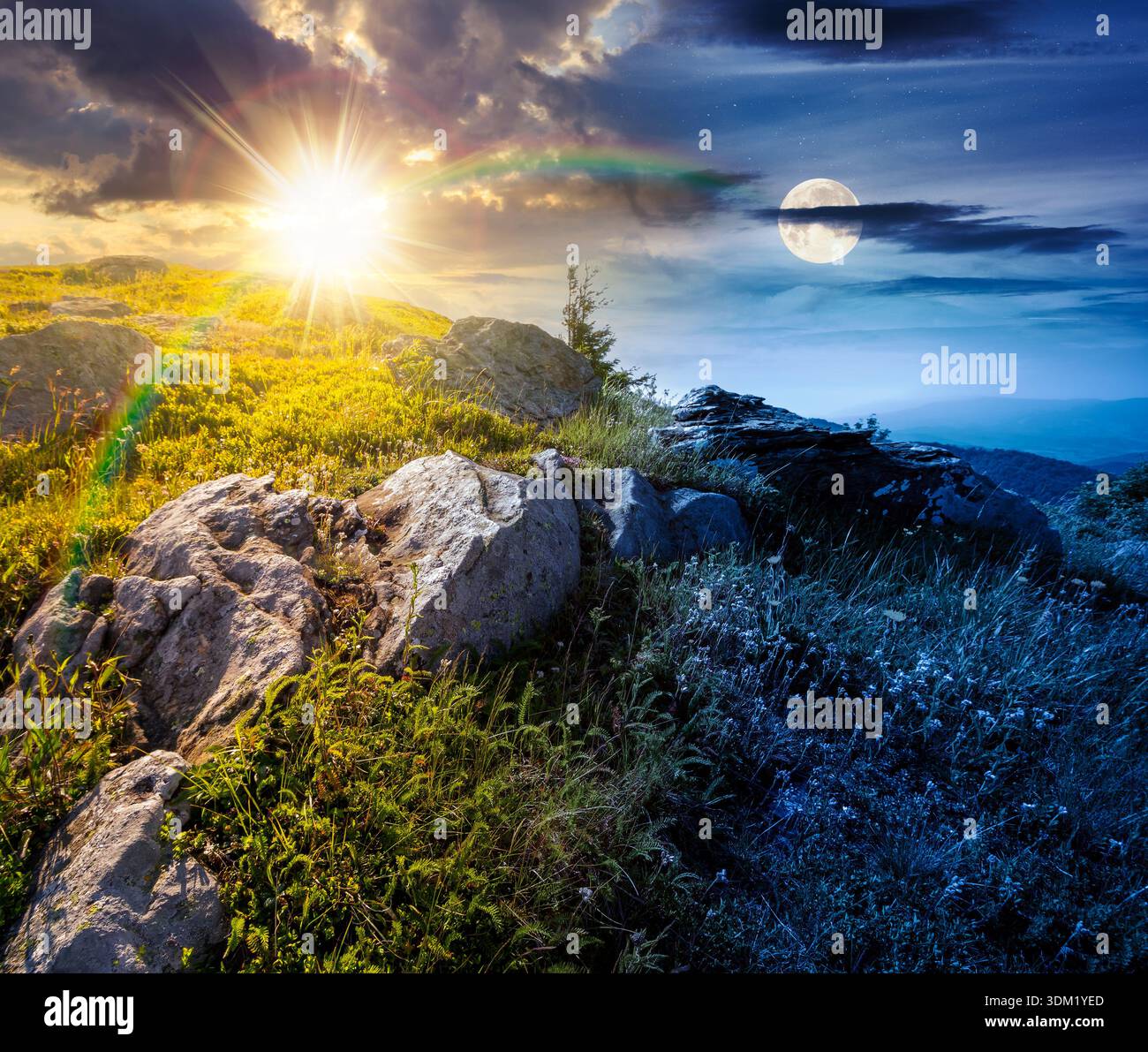 mountain landscape on summer solstice. day and night time change concept. alpine scenery with grassy slope under sky with sun and moon at twilight. co Stock Photo
