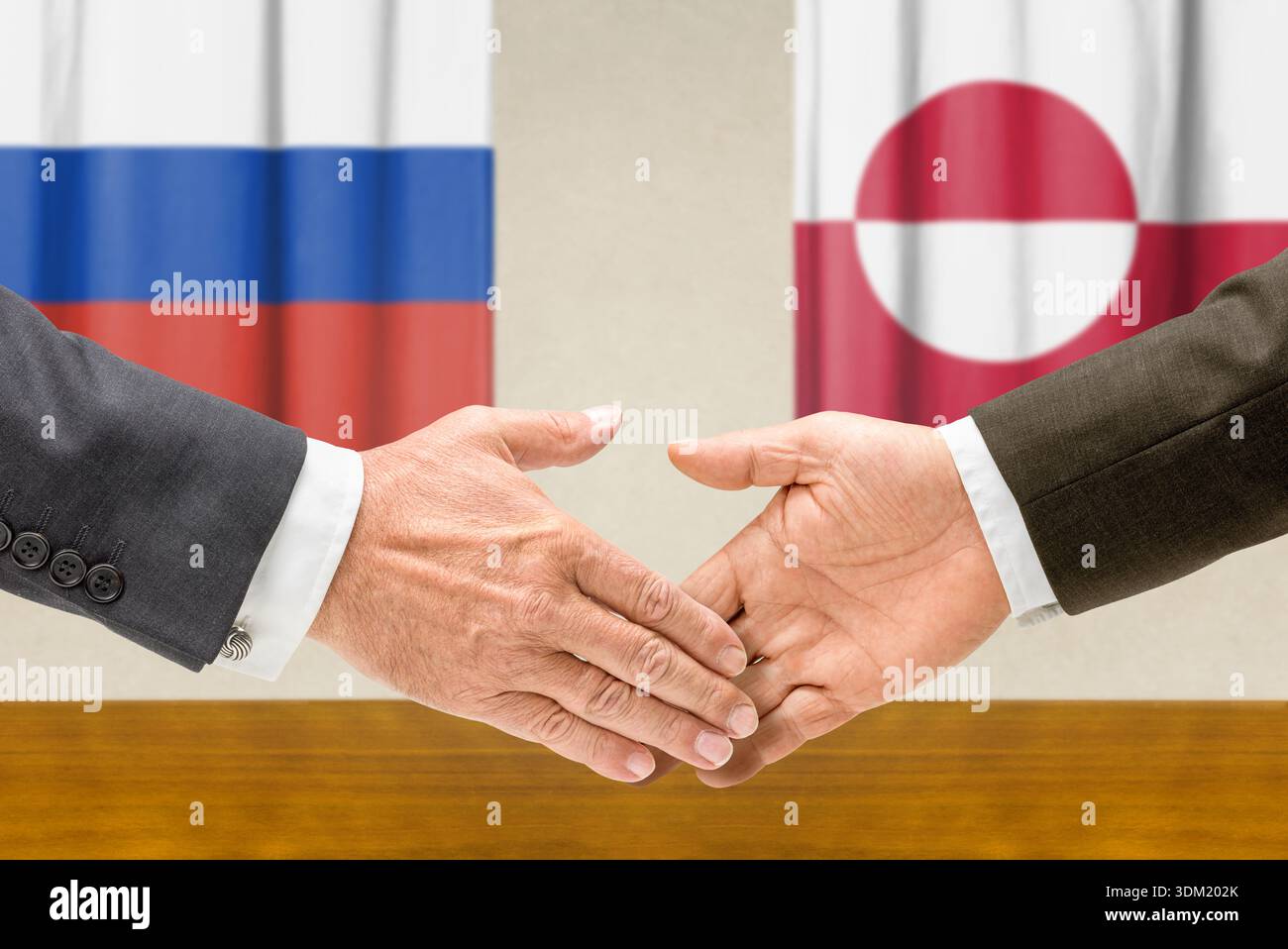 Symbolic cooperation concept – Russia and Greenland handshake Stock ...