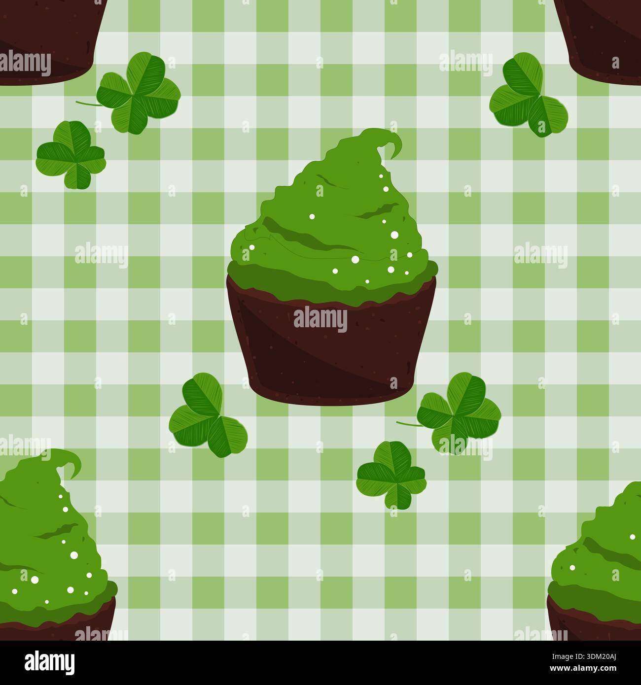 Green cupcakes and clover leaves on checkered background seamless pattern. Lucky Saint Patrick Day backdrop. Vector illustration Stock Vector