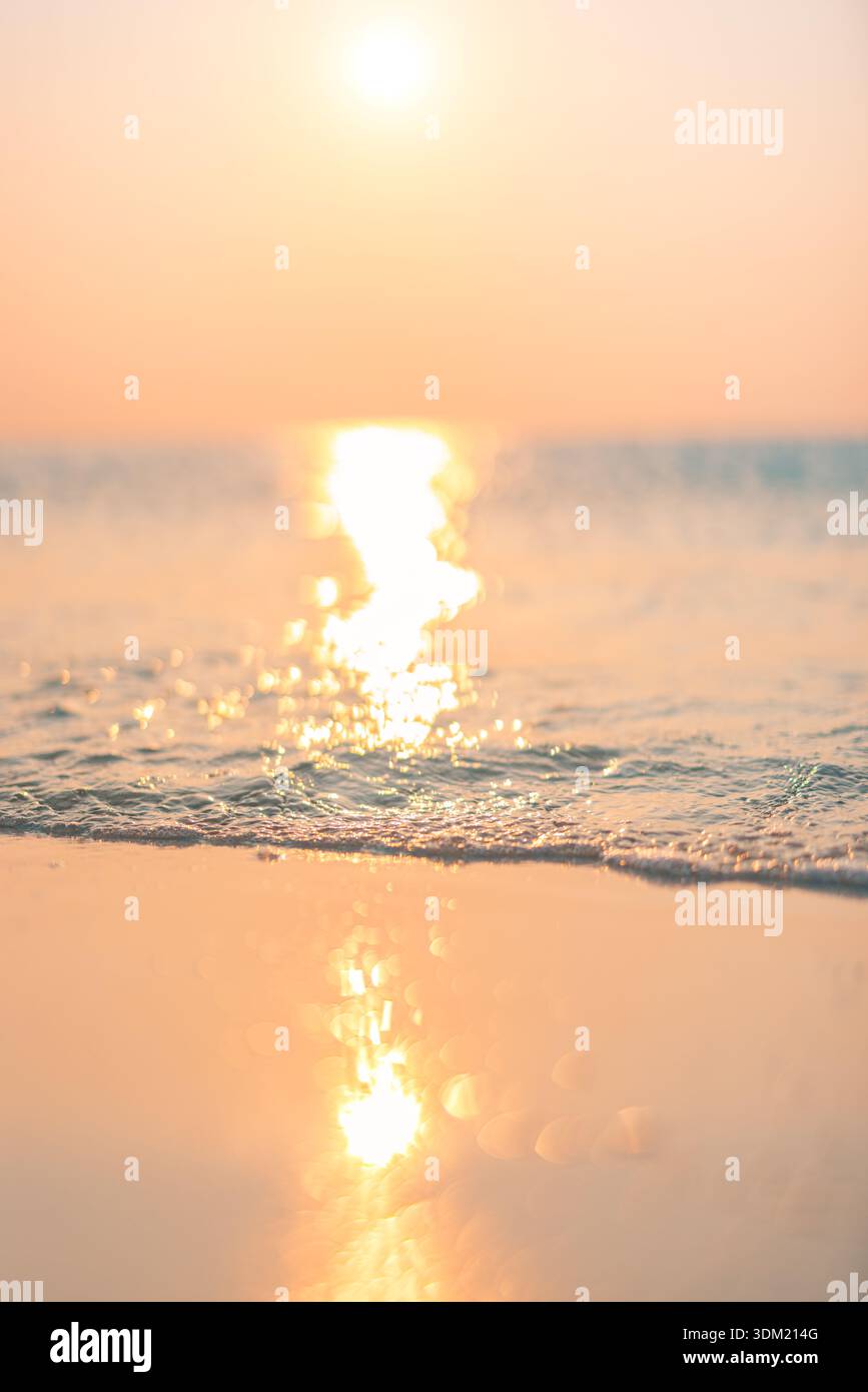 Picturesque Dreamy Sunset Beach Close Up Waves Sandy Shore Tropical Coastline Blurred Horizon Ocean Seascape Background Golden Hour Stock Photo