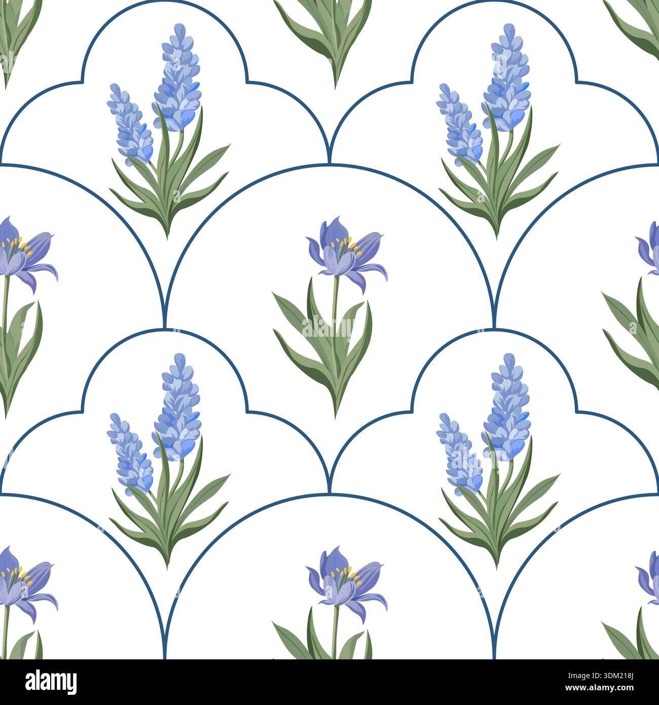 Seamless vector floral pattern with large lavender and iris flowers Stock Vector