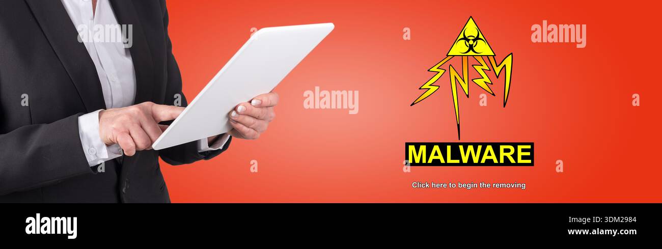 Woman using digital tablet with malware concept on background Stock Photo