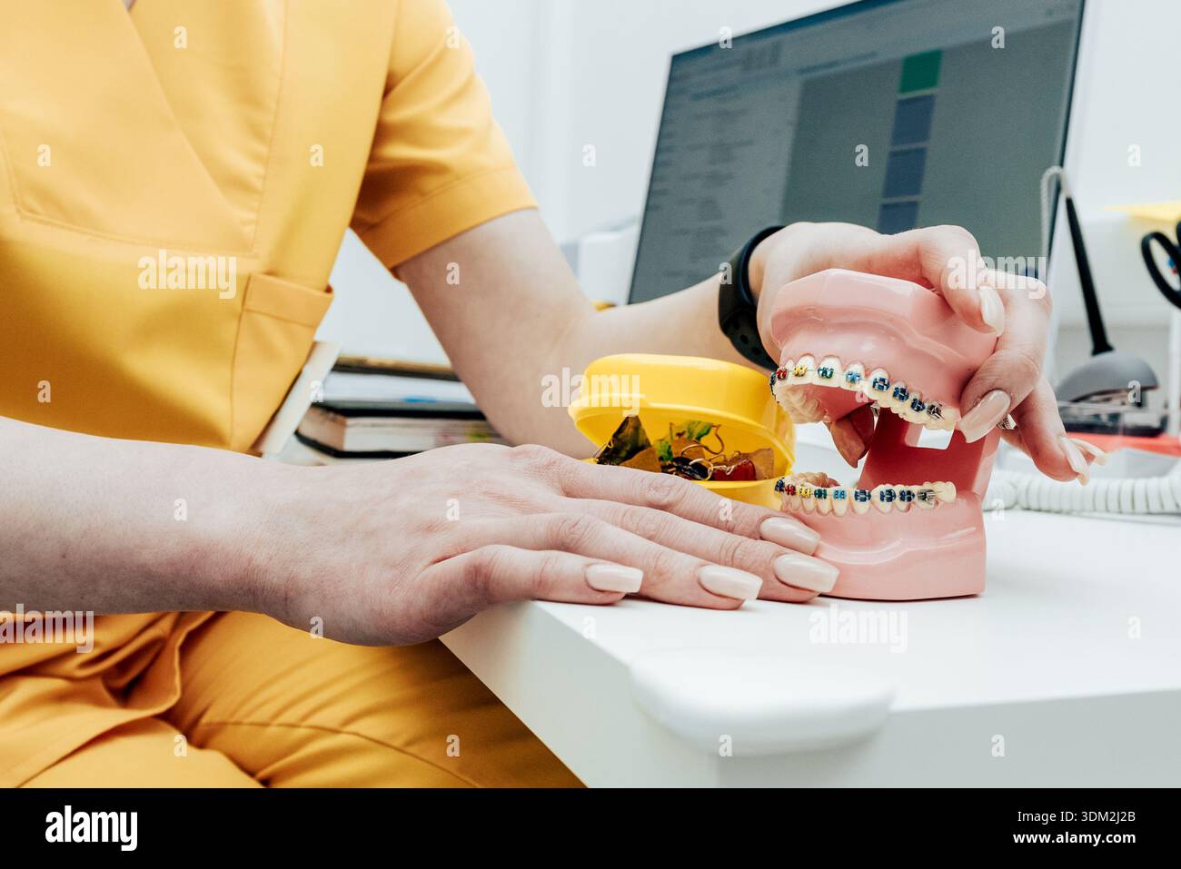 Dentist showing patients braces on human jaw model, teeth alignment at ...