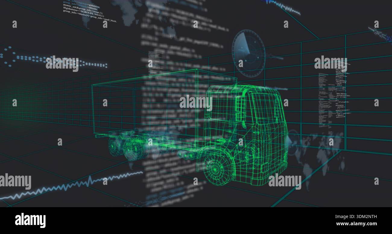 Showing 3D wireframe truck and trailer model rotating in simulation, with grid, code, radar Stock Photo