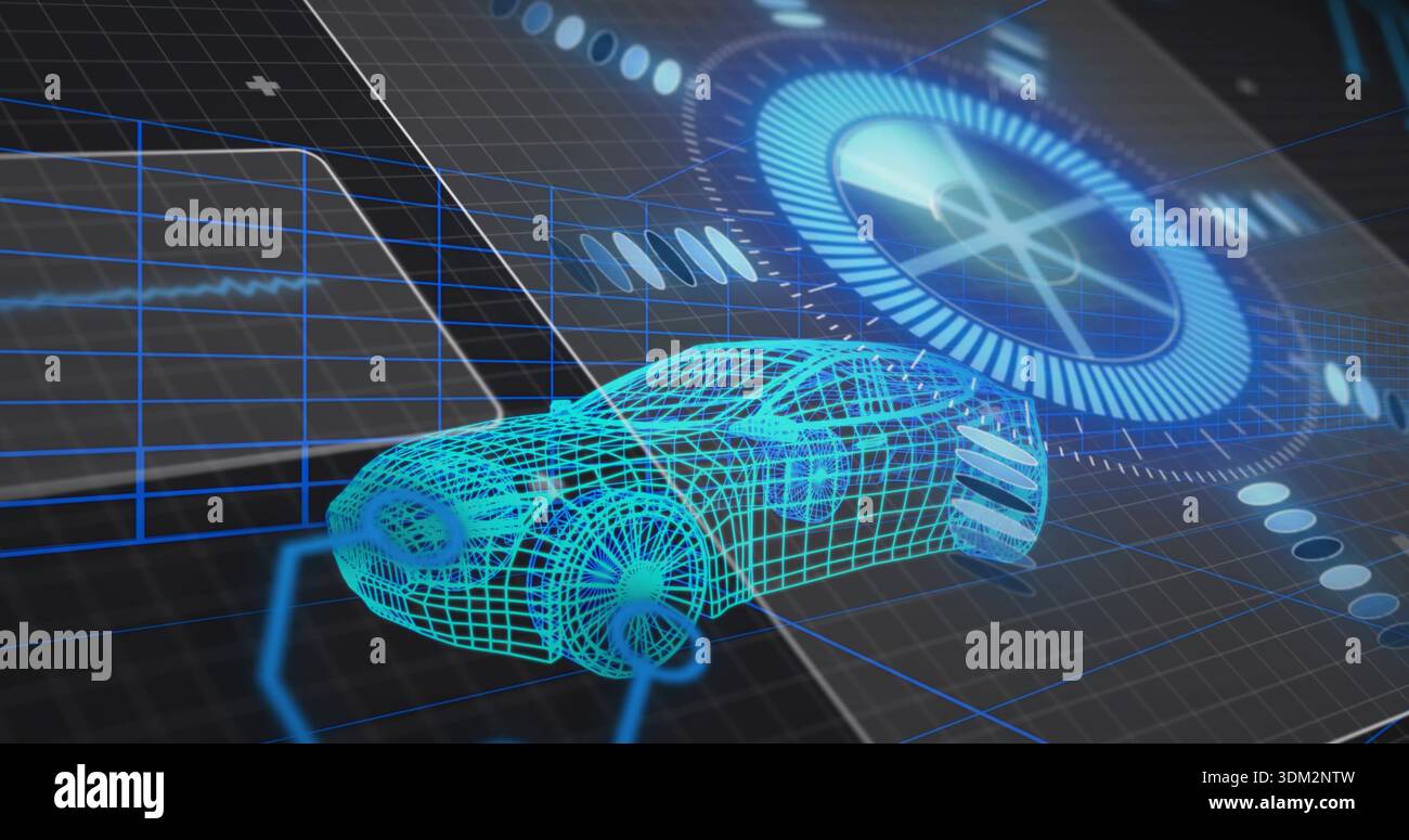 Floating cyan wireframe 3D car model hovering above blue grid, displaying HUD dial and data graphs Stock Photo