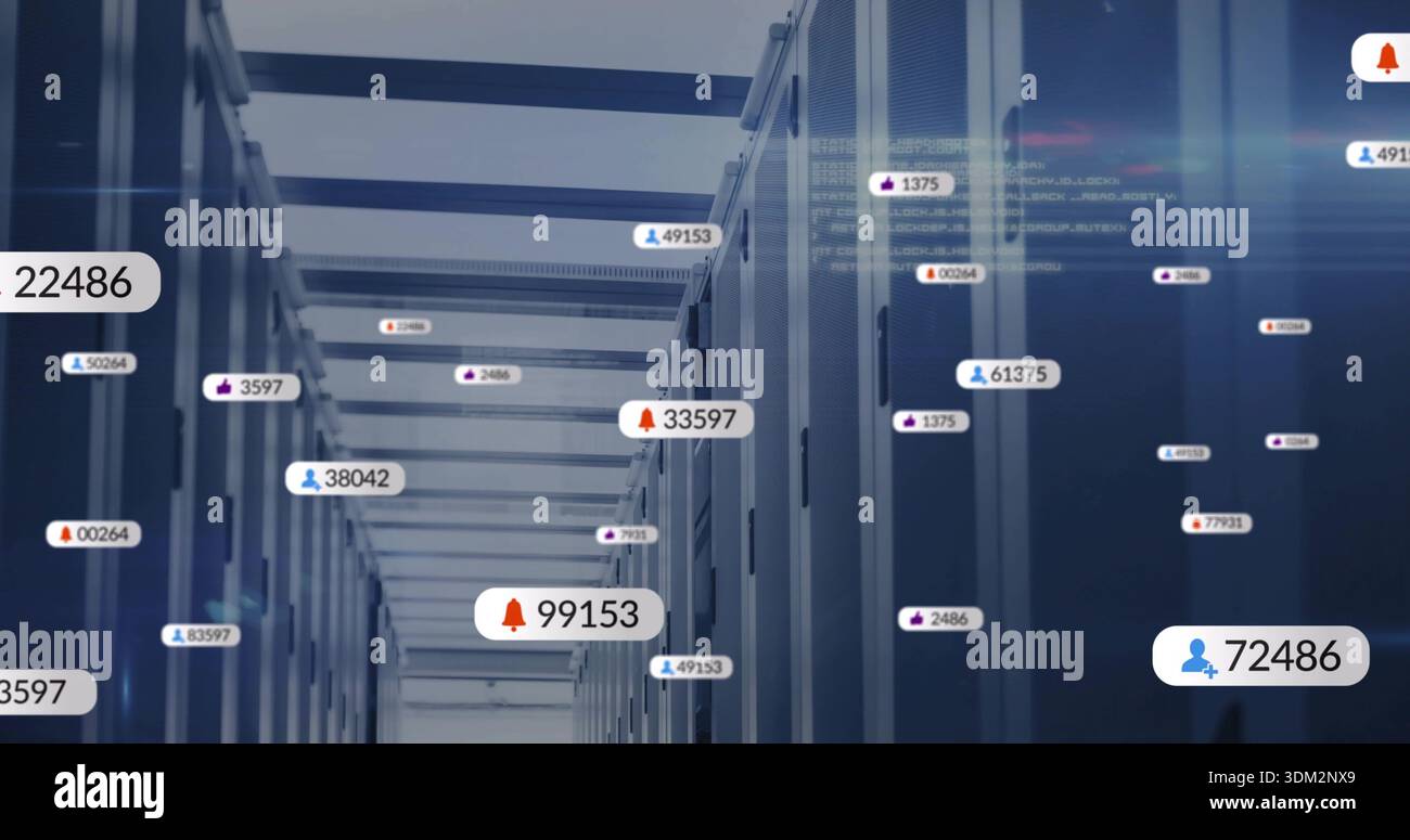 Glowing server racks displaying AR telemetry in data center corridor, with floating numeric badges Stock Photo