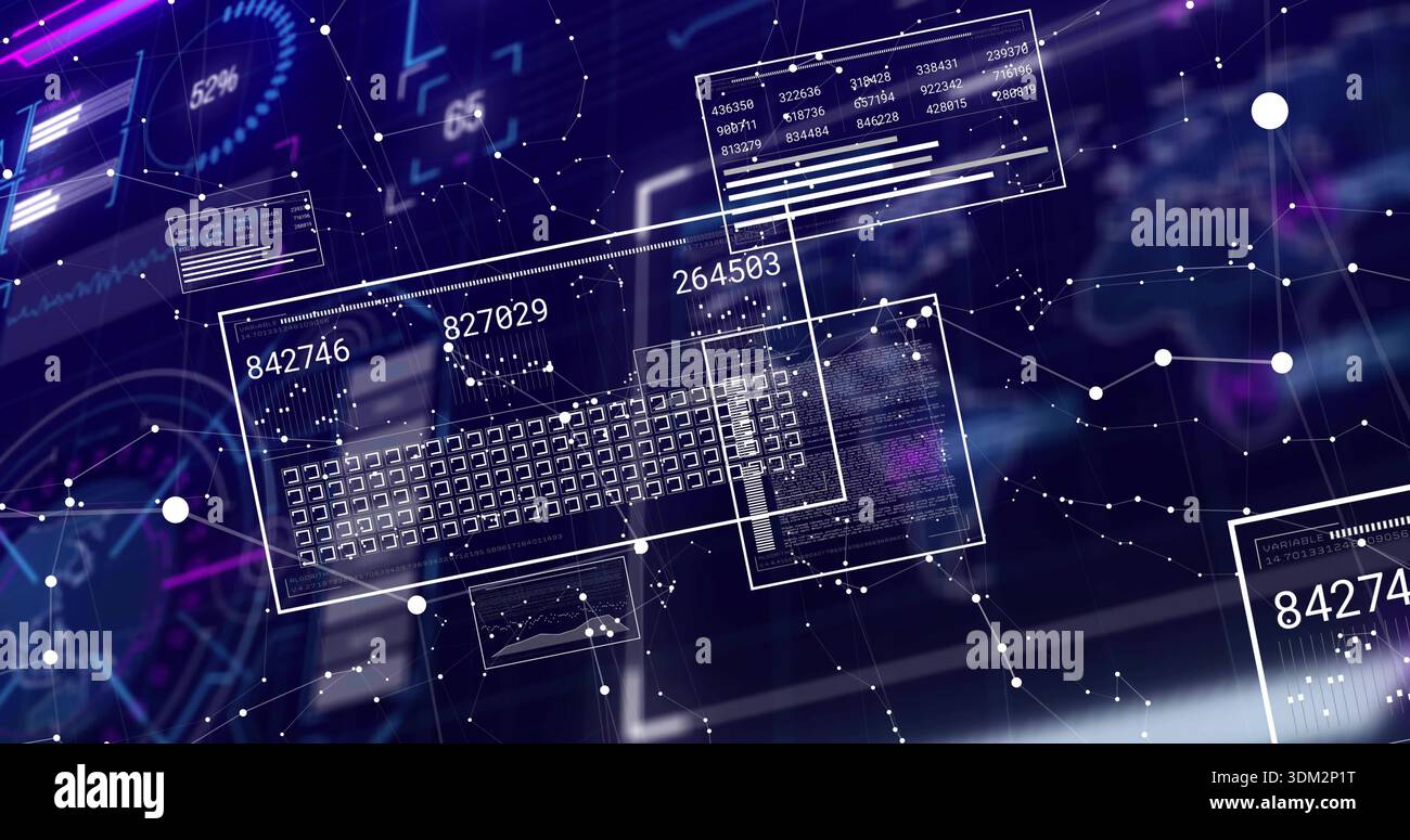 Displaying keyboard schematic and floating panels at blurred desk, with numeric data and node links Stock Photo