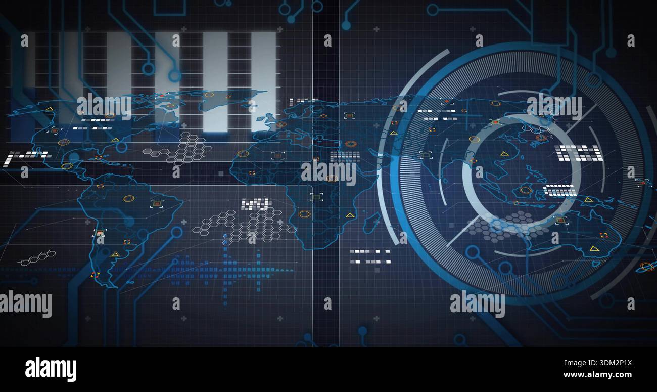 Displaying digital world map on dark grid console, showing circular HUD and network nodes Stock Photo