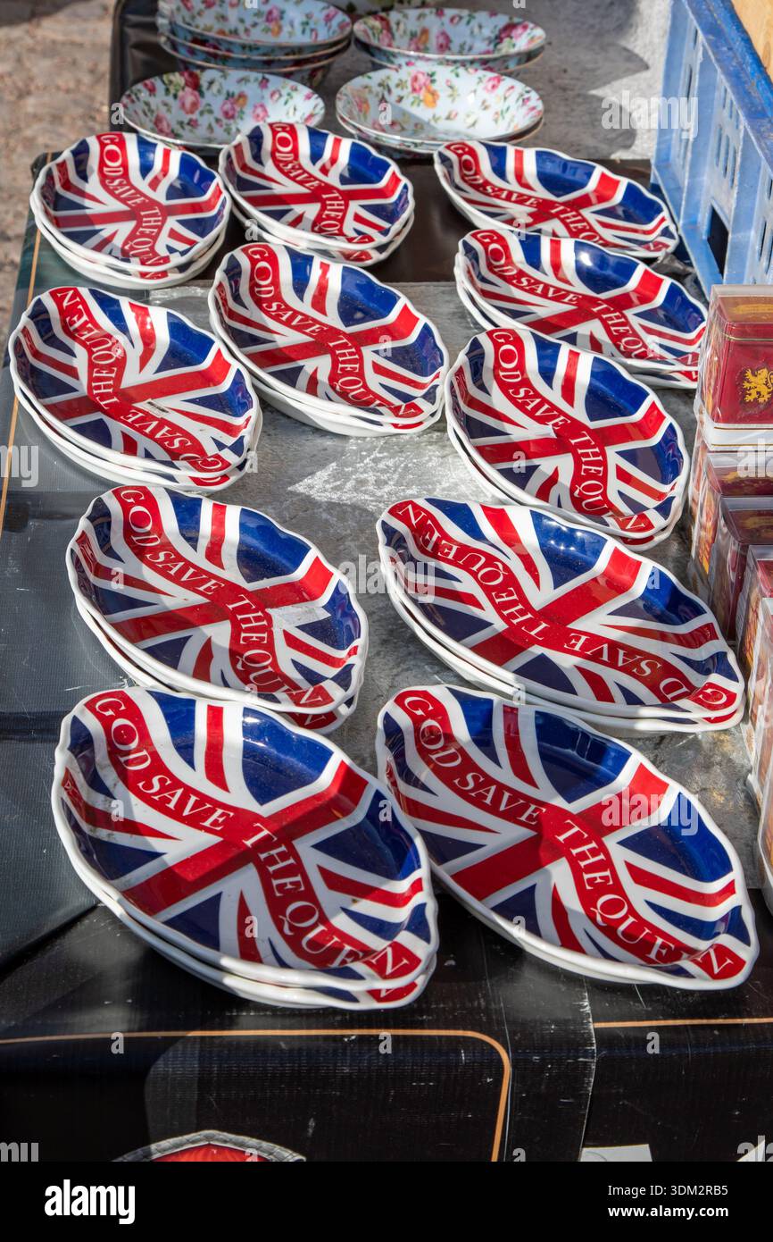 God Save the Queen. Union Jack themed serving plates for sale at International Grand Market on Hakaniemi Market Square in Helsinki, Finland. Stock Photo
