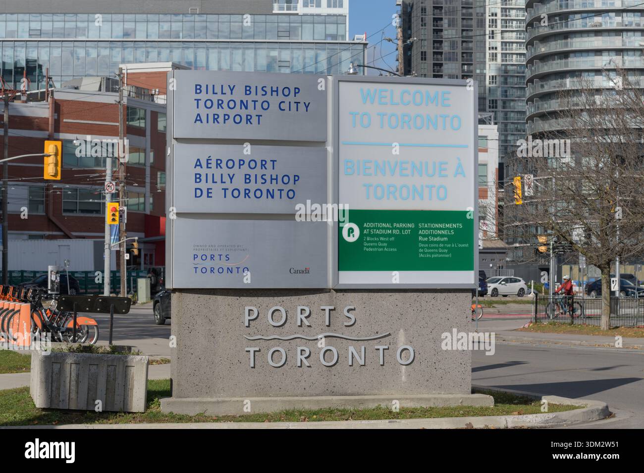 signs at entrance/exit to Billy Bishop Toronto City Airport Terminal, near 2 Eireann Quay Stock Photo