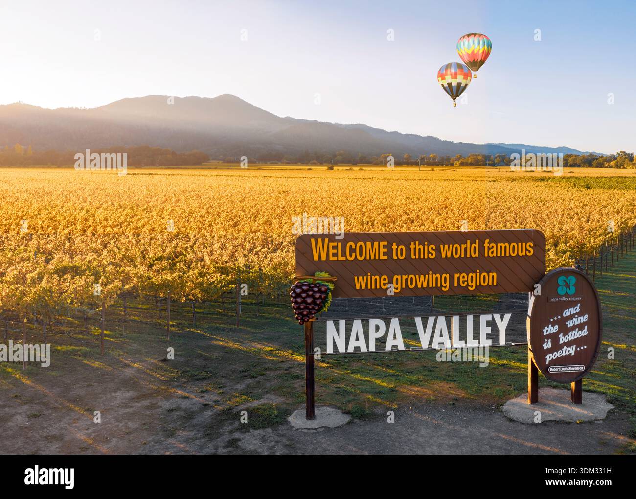 Aerial view of Napa Valley sign near Oakville at sunset  in Napa County, California, USA Stock Photo