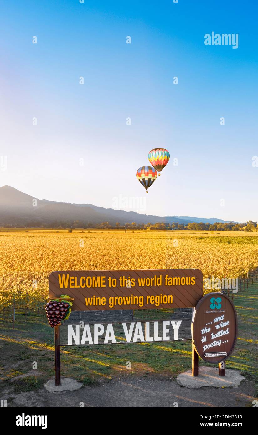 Aerial view of Napa Valley sign near Oakville at sunset  in Napa County, California, USA Stock Photo