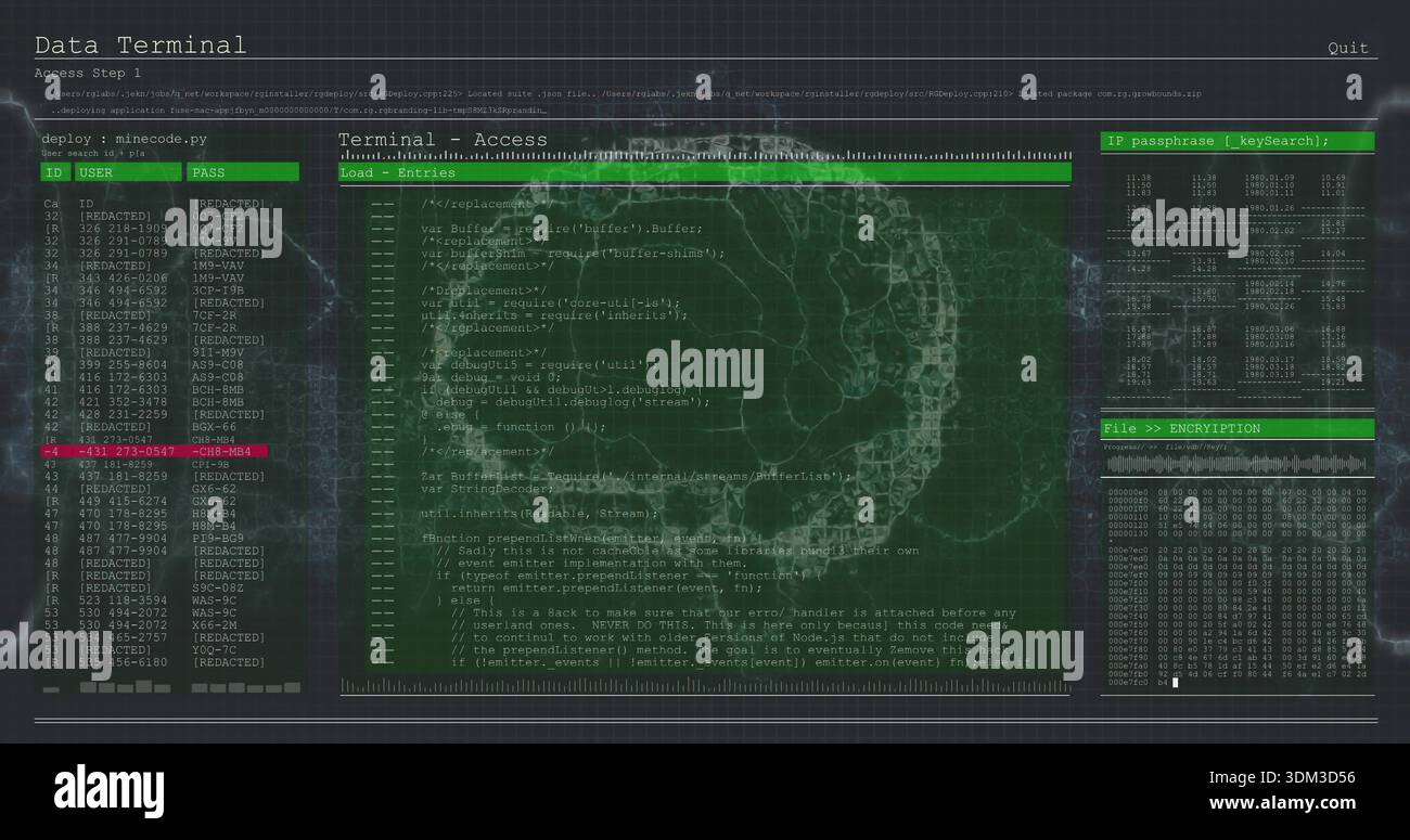 Displaying green code editor on widescreen, showing deploy:minecode Stock Photo