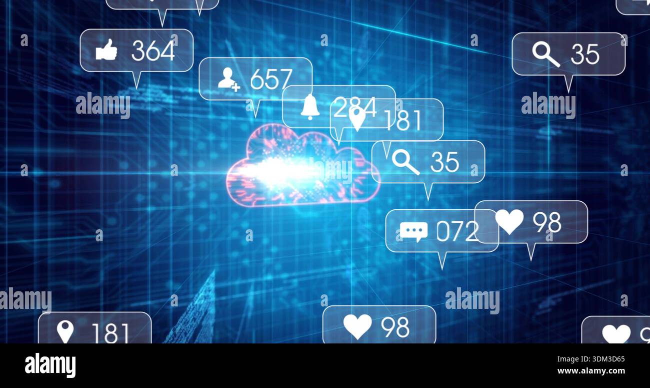 Glowing cloud icon emitting blue-pink burst in virtual grid, with notification bubbles and counters Stock Photo