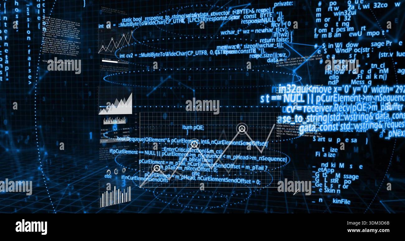 Displaying central holographic analytics dashboard in virtual cyberspace, with data panels, marker Stock Photo