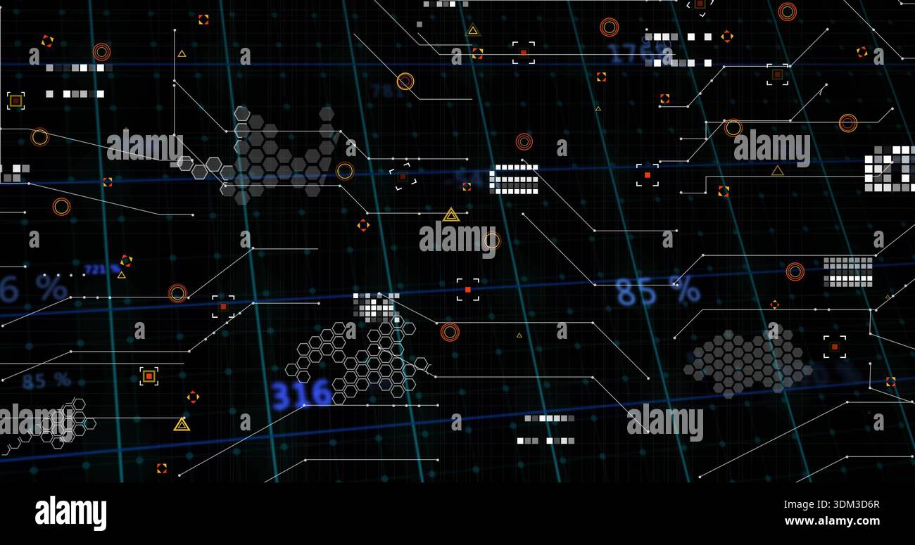 Displaying central data cluster in virtual dashboard, linking hexagonal cells with numeric overlays Stock Photo