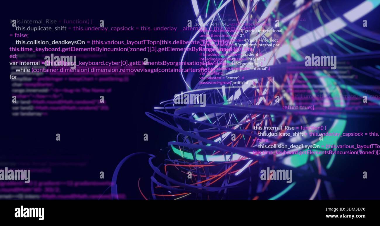 Glowing cluster pulsing in 3D void, showing neon filaments, wireframe loops and floating code Stock Photo