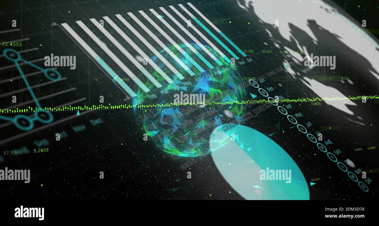 Rotating holographic low-poly globe pulsing in virtual 3D analytics space, with green waveform Stock Photo