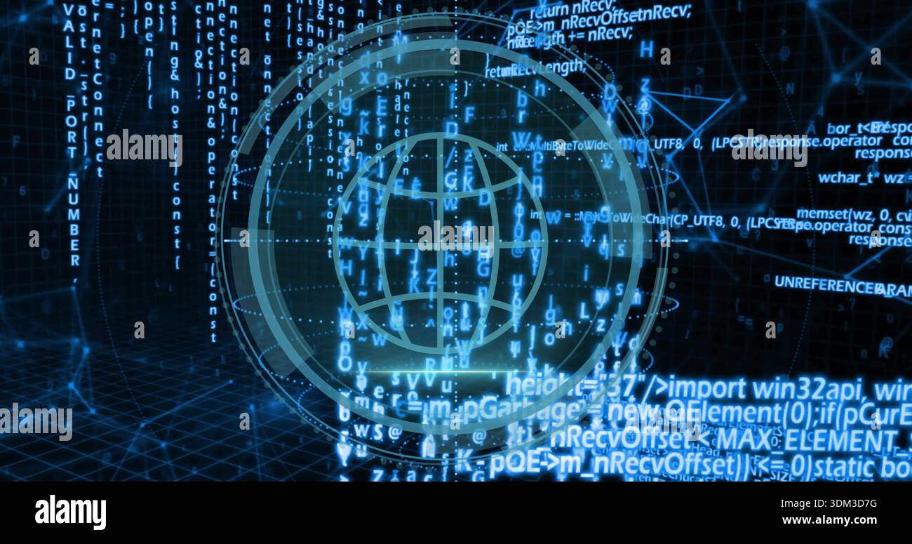 Displaying central hologram globe with concentric rings, streaming code over 3D grid in cyberspace Stock Photo