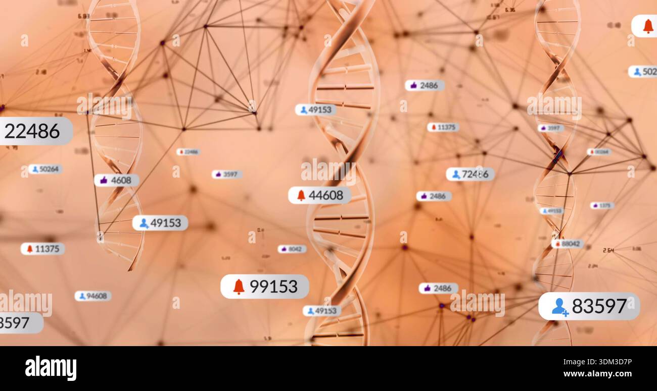 Displaying central DNA helix rotating in virtual biotech visualization, with data badges, nodes Stock Photo