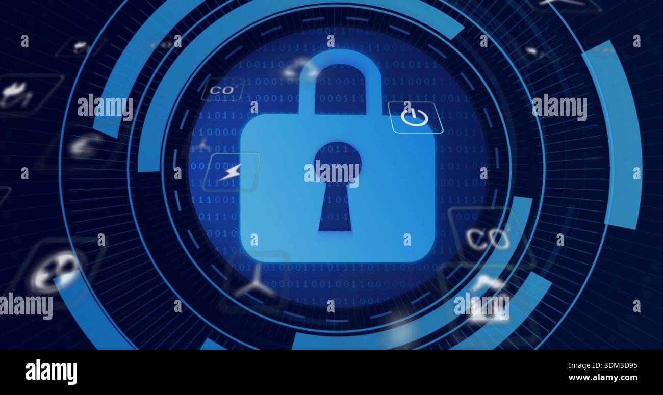 Displaying central blue padlock glowing in navy security dashboard with HUD rings and binary Stock Photo