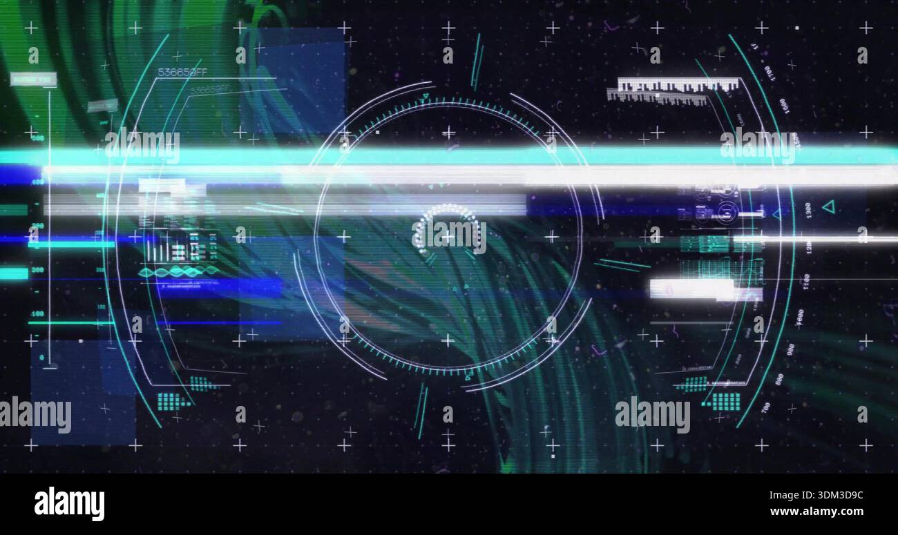 Pulsing central circular HUD reticle scanning virtual cockpit, with scanline, panels, grid, glyphs Stock Photo