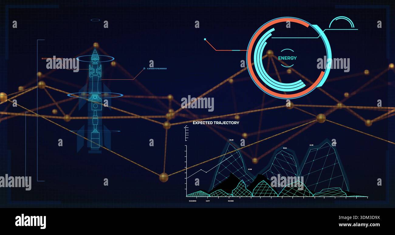 Displaying futuristic HUD showing data on mission console with rocket wireframe and energy gauge Stock Photo