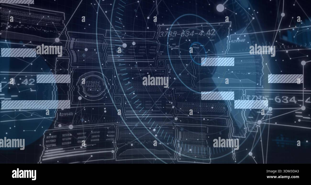 Displaying circular HUD centering on screen, showing radar rings, progress bars, wireframe stacks Stock Photo