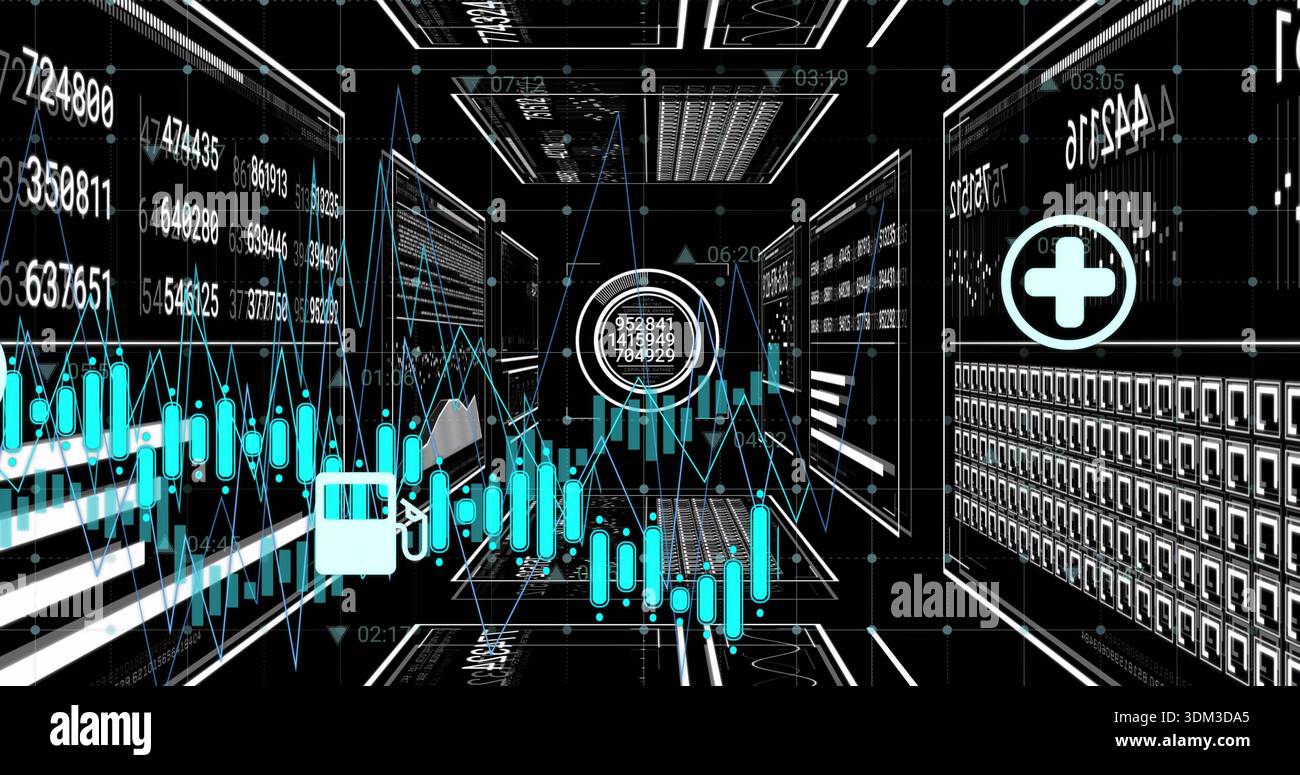 Displaying central analytics in server corridor, featuring candlestick line graph, HUD, racks Stock Photo
