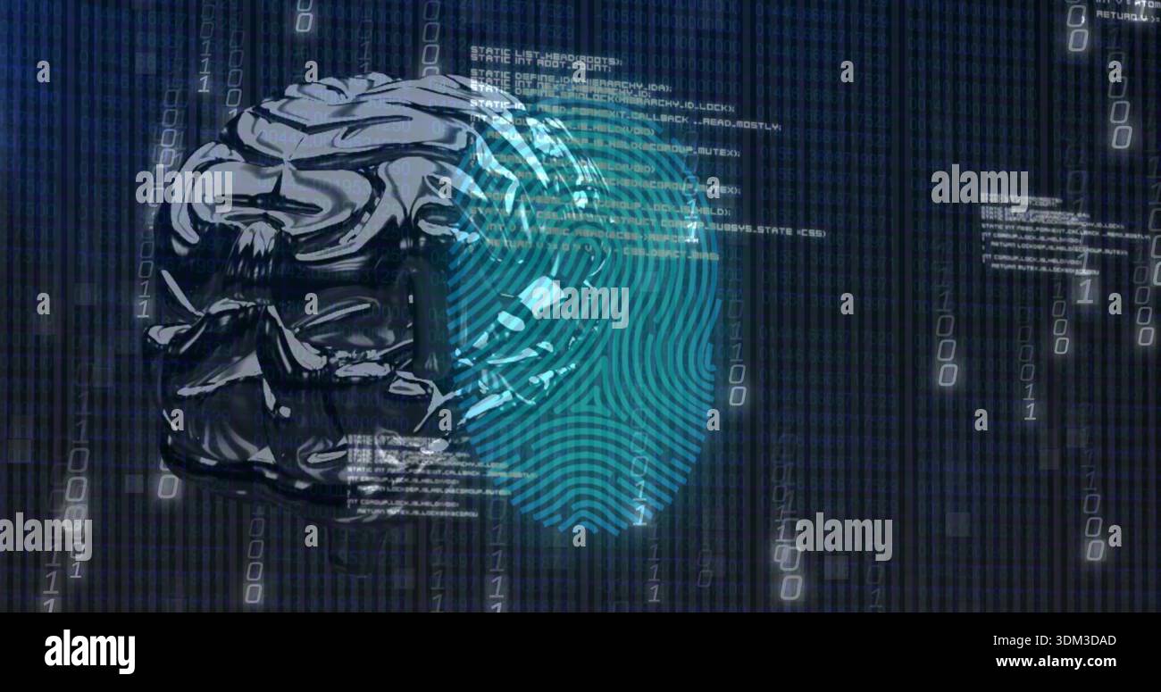 Glowing metallic brain showing cyan fingerprint hologram in cyberspace with binary code Stock Photo