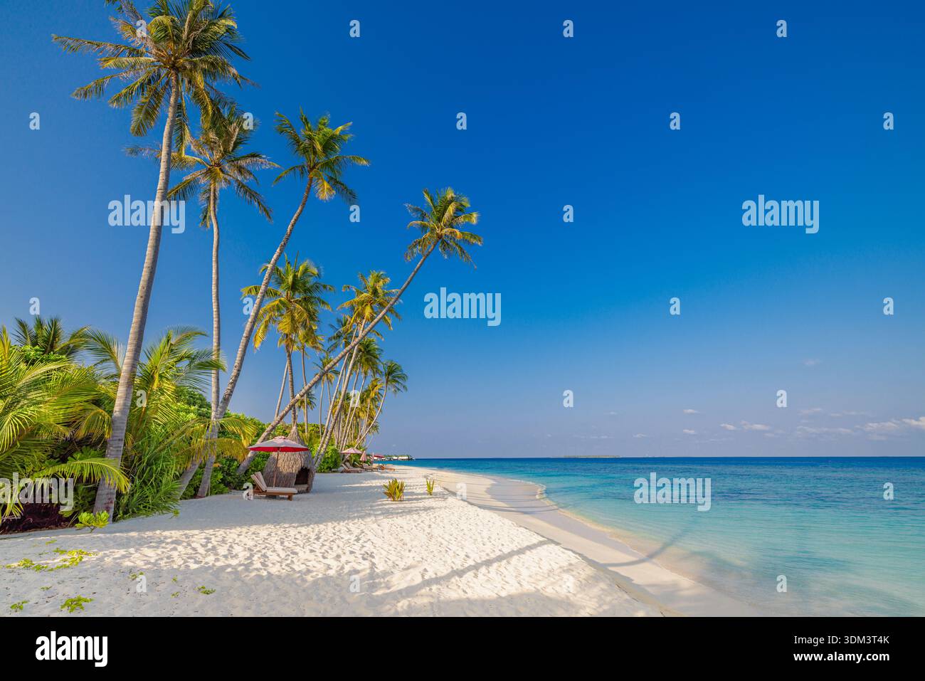 Sunny tropical beach resort ocean view sandy shore umbrellas sunbeds relaxing leisure lifestyle vacation Stock Photo