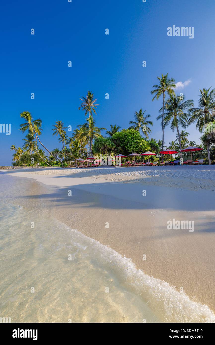 Tropical resort beach sunny ocean sandy shore sunbeds umbrellas leisure lifestyle summer vacation destination Stock Photo