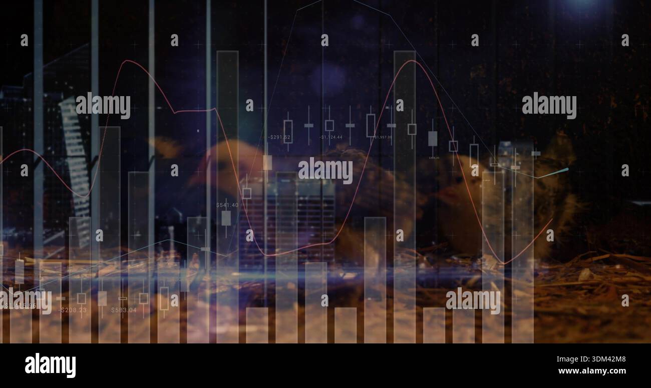 Displaying financial chart overlay covering nighttime skyline with bars, candlesticks, red line Stock Photo