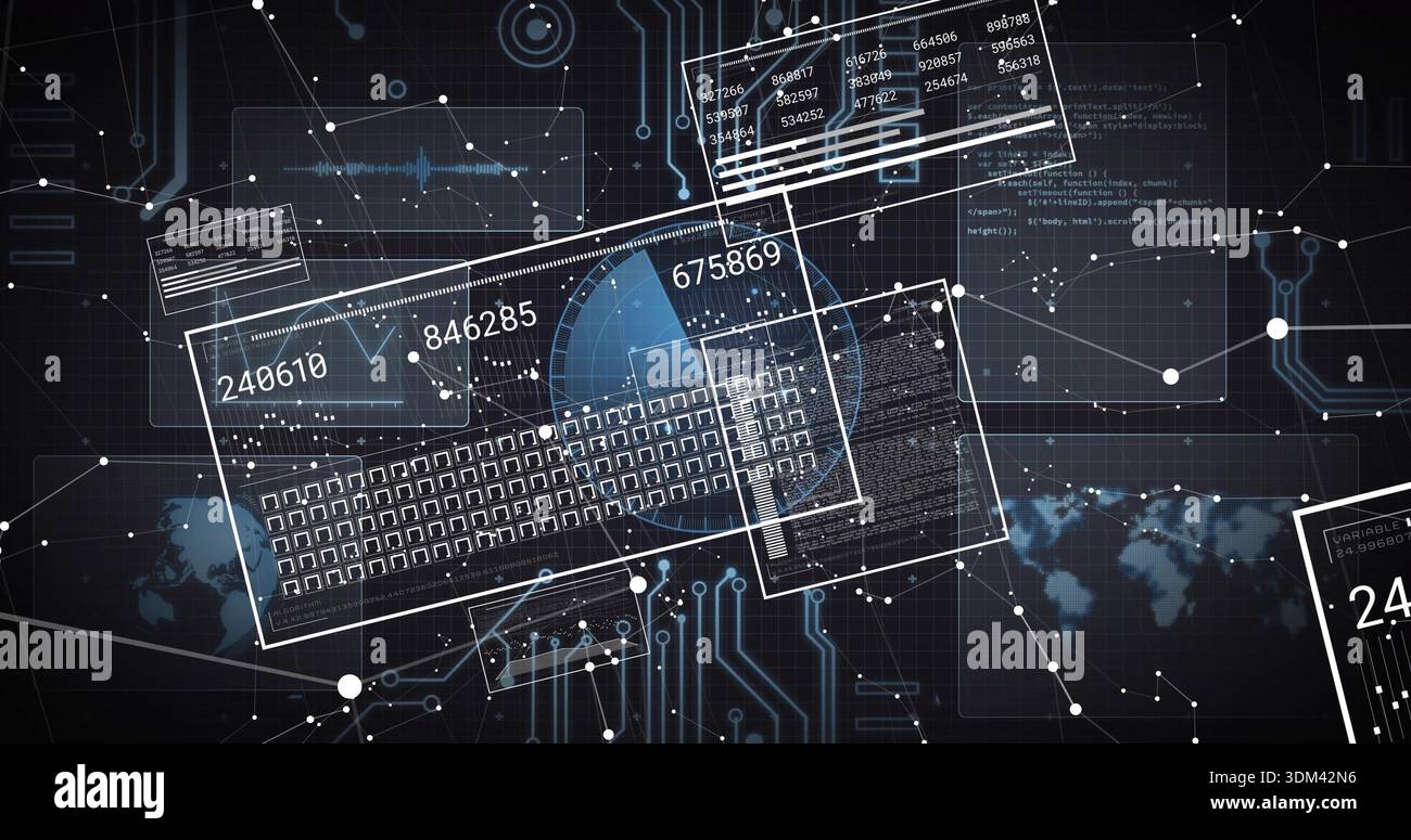 Displaying floating data panels in digital dashboard, showing keyboard, blue pie chart, code Stock Photo