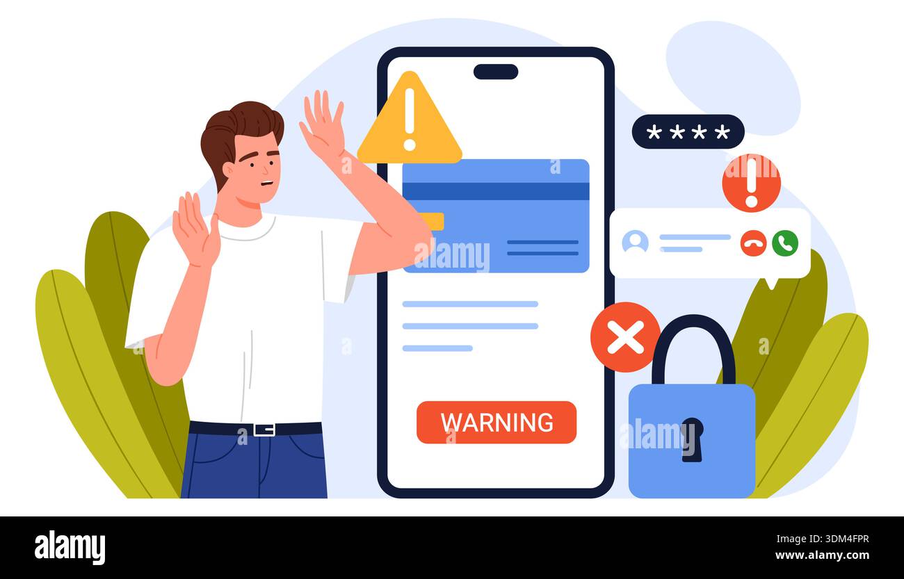 Man reacts to mobile scam alert on smartphone screen with warning signs ...