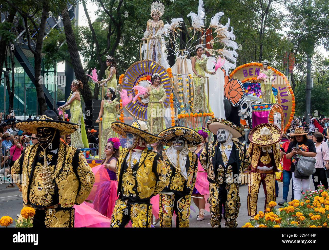 Day of the Dead float and performers, Mexico City, Mexico Stock Photo