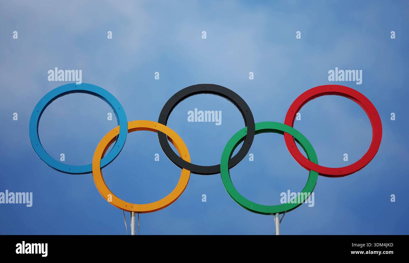 The Olympic five rings symbol is seen at Cortina Curling Olympic ...