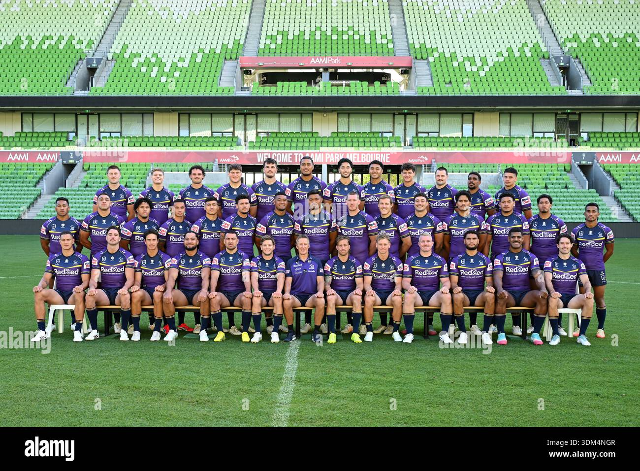 Melbourne Storm players and head coach Craig Bellamy pose during the ...