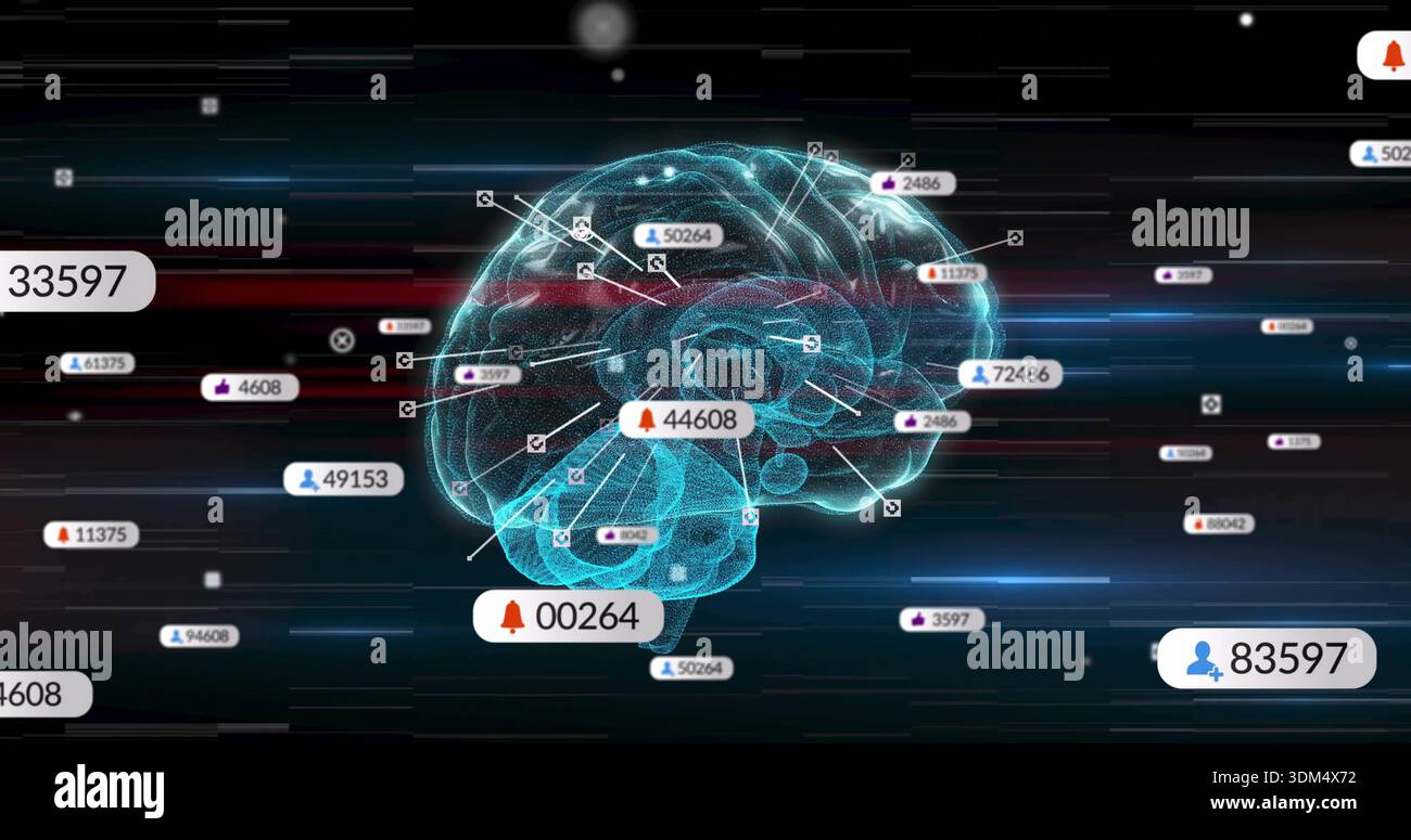 Displaying translucent wireframe brain hologram pulsing in virtual cyberspace, with numeric badges Stock Photo