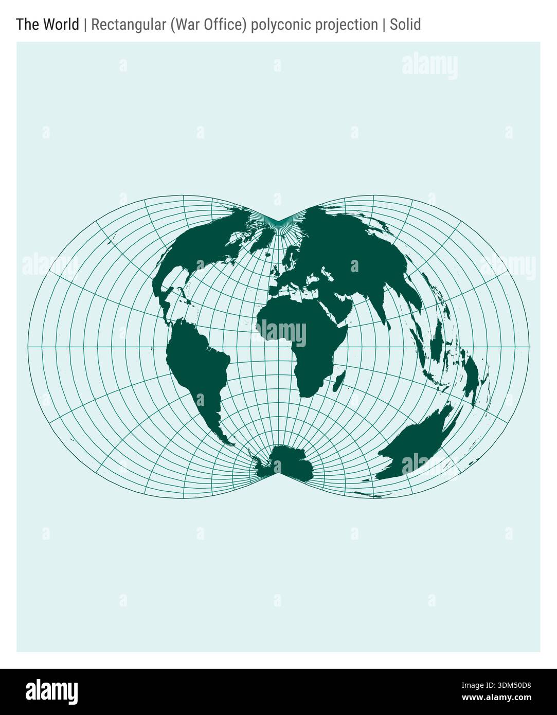 World Map. Rectangular (War Office) polyconic projection. Solid style. High Detail World map for infographics, education, reports, presentations. Stock Vector