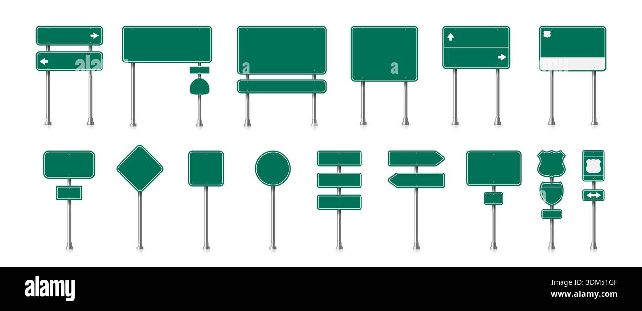 Street road green traffic signs and empty highway signboards in ...