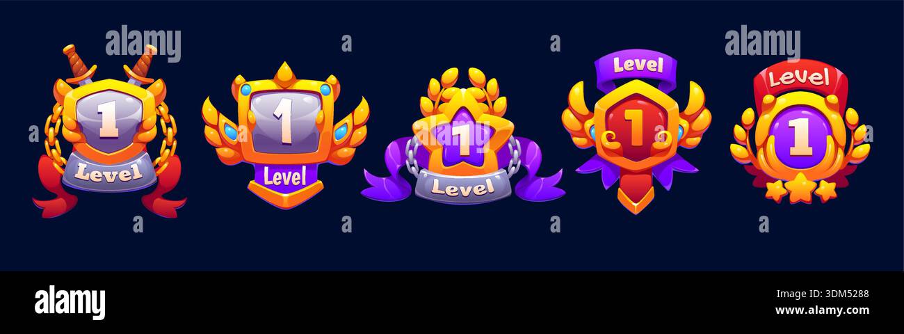 Game level up rank badge icons asset, shields with golden laurel ...
