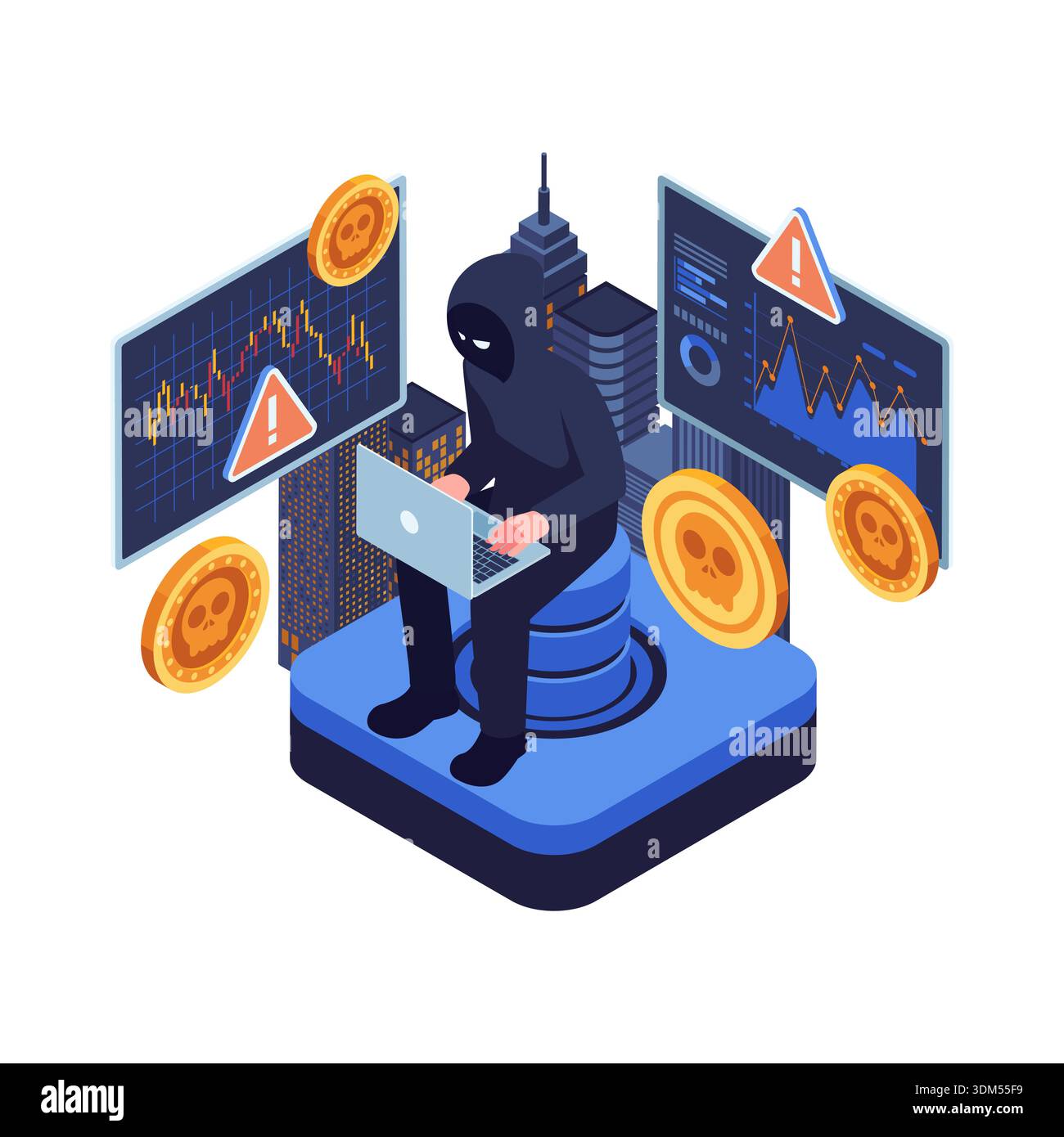Isometric Hacker Manipulating Cryptocurrency Market. Cryptocurrency Scam Concept Stock Vector