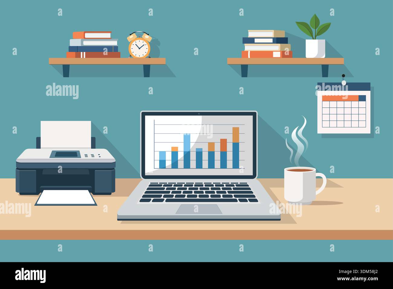 Flat vector home office desk scene featuring a laptop with analytics graph, printer, coffee mug, shelves, and calendar, representing remote business a Stock Vector