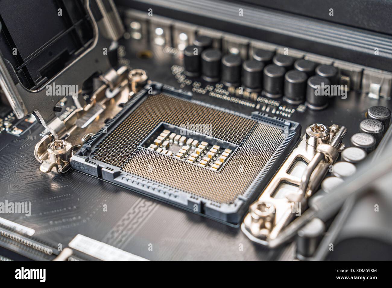 Close-up of a Modern CPU Socket on a Computer Motherboard for High-Performance Computing Stock Photo