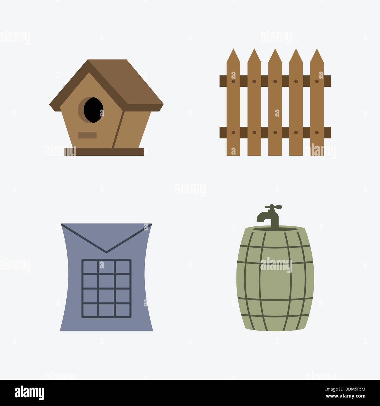 An illustrated set of rustic and practical objects including a birdhouse, wooden fence, sack, barrel, and water container Stock Vector