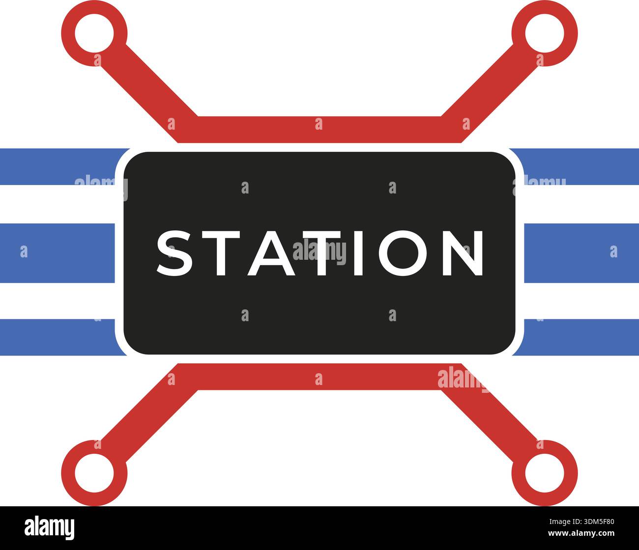 Rectangular station label with circuit like corner nodes and horizontal stripe accents Stock Vector