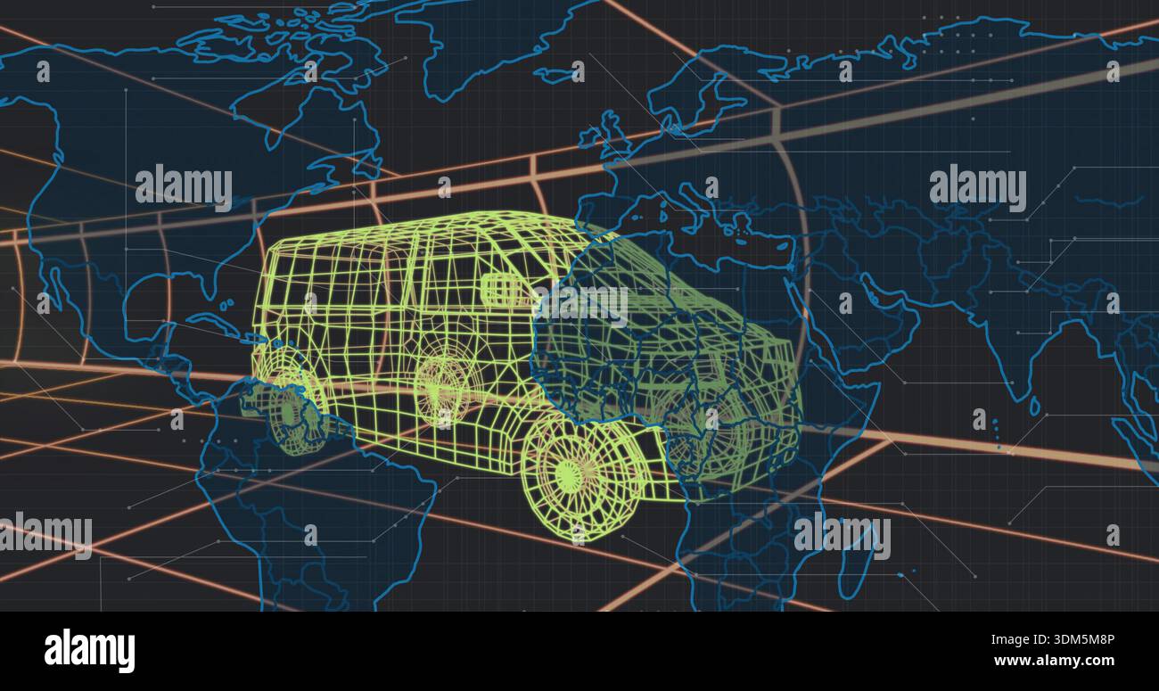 Displaying neon-green wireframe van floating over virtual global map, with orbital ring Stock Photo