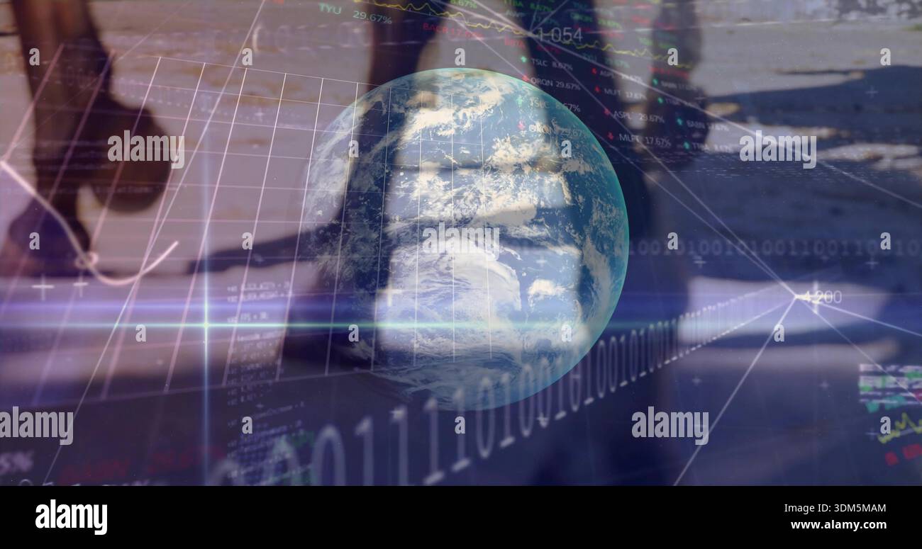 Displaying globe glowing center over sidewalk showing grid overlay binary digits numbers and graphs Stock Photo