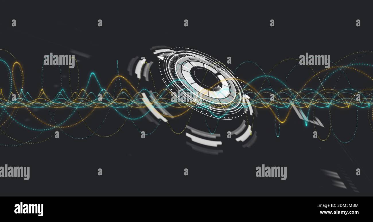 Displaying concentric ring HUD rotating in virtual dark space, with teal gold cyan waveforms Stock Photo